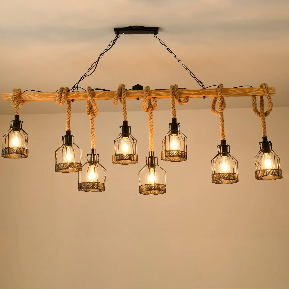 Pendant Light | Industrial Grenade Design Hemp Rope & Metal | Adjustable Height