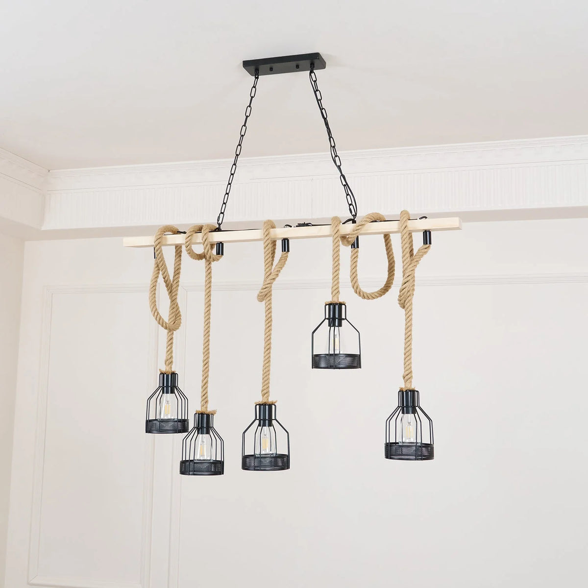 Pendant Light | Industrial Grenade Design Hemp Rope & Metal | Adjustable Height