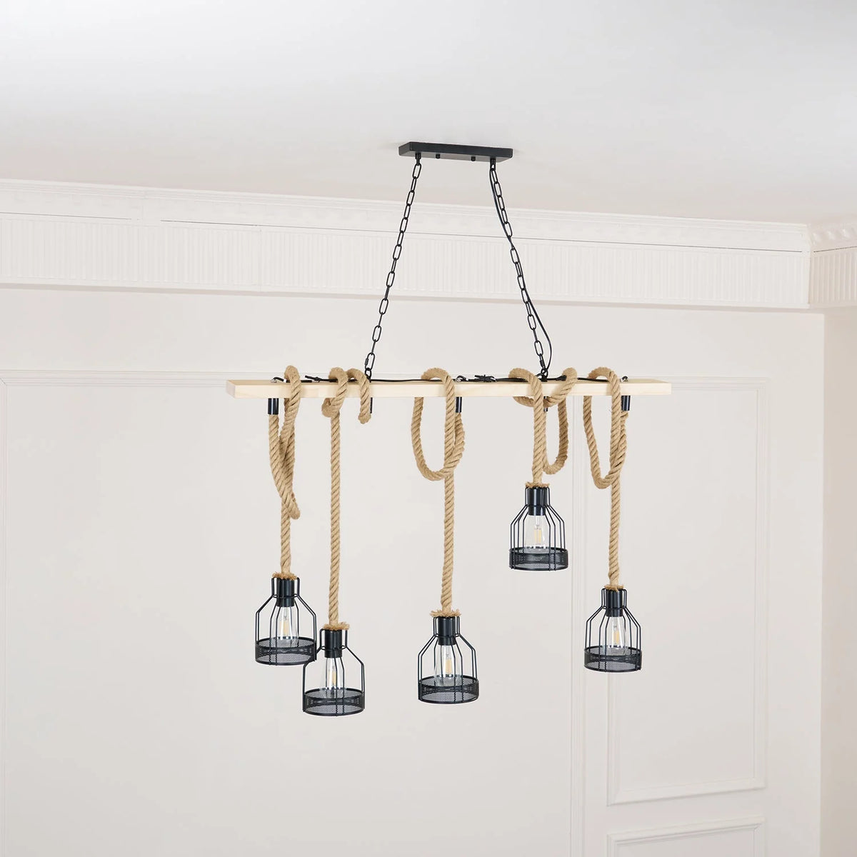 Pendant Light | Industrial Grenade Design Hemp Rope & Metal | Adjustable Height