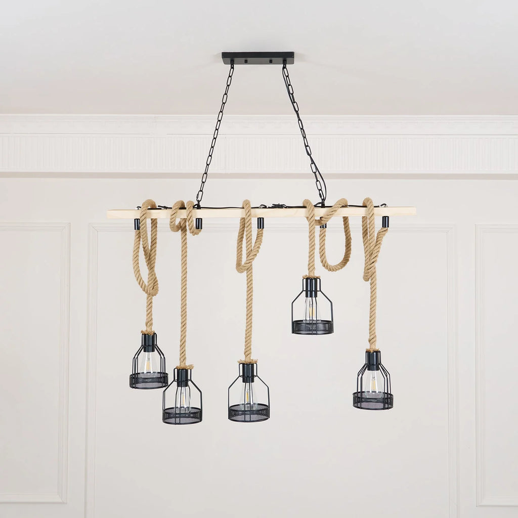 Pendant Light | Industrial Grenade Design Hemp Rope & Metal | Adjustable Height