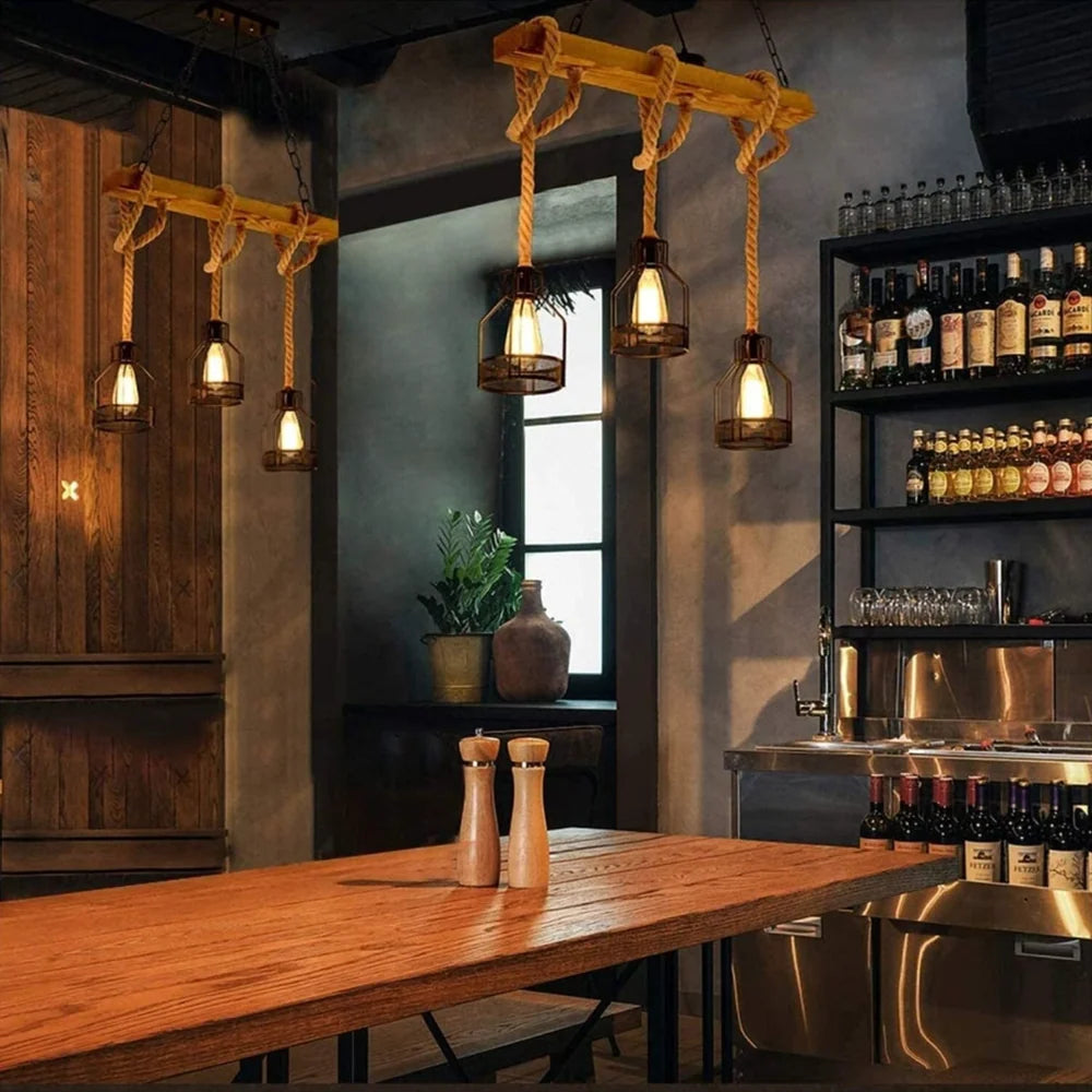 Pendant Light | Industrial Grenade Design Hemp Rope & Metal | Adjustable Height