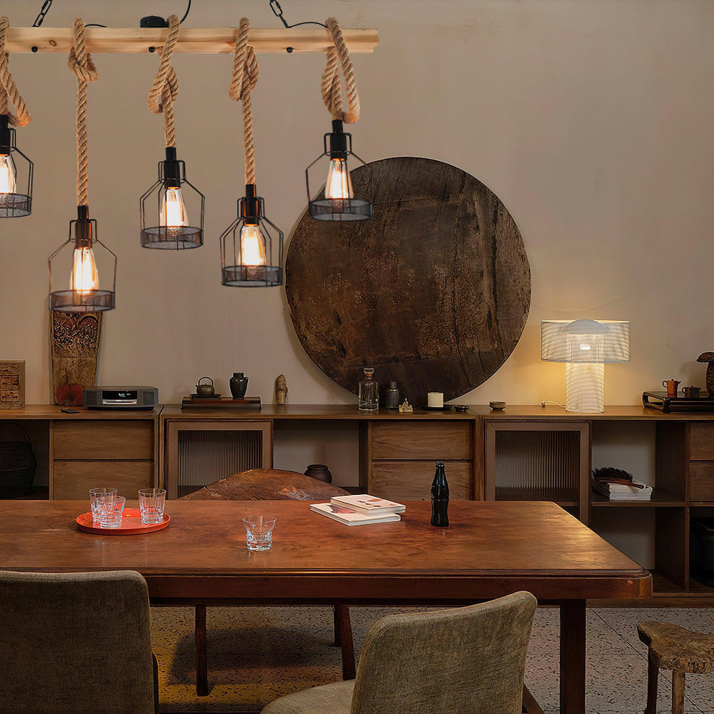 Pendant Light | Industrial Grenade Design Hemp Rope & Metal | Adjustable Height