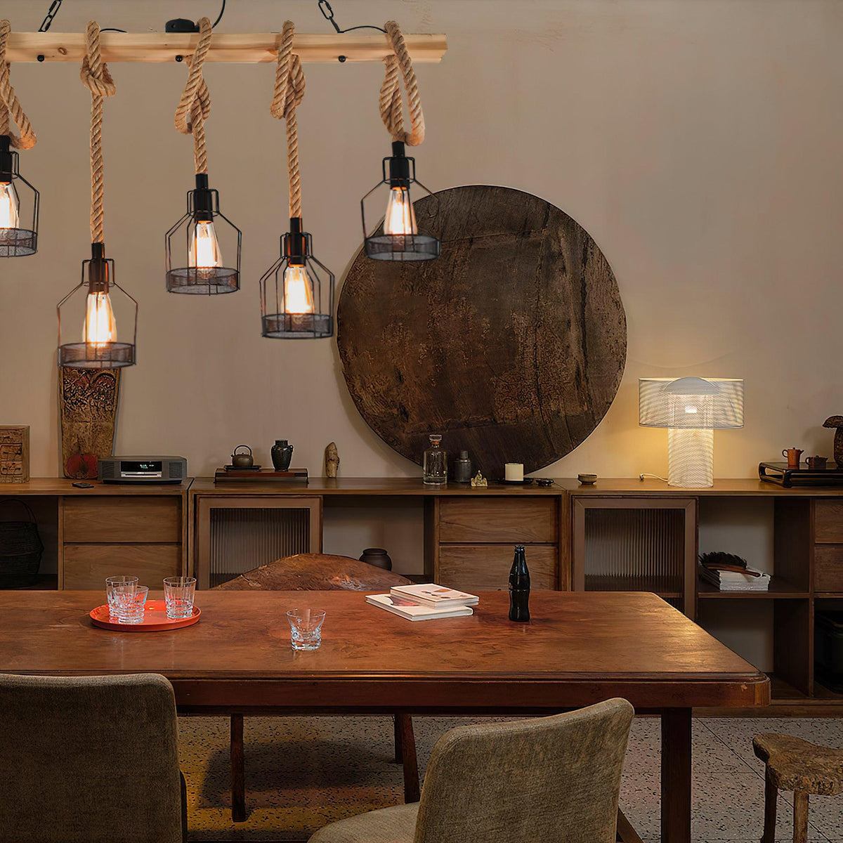 Pendant Light | Industrial Grenade Design Hemp Rope & Metal | Adjustable Height