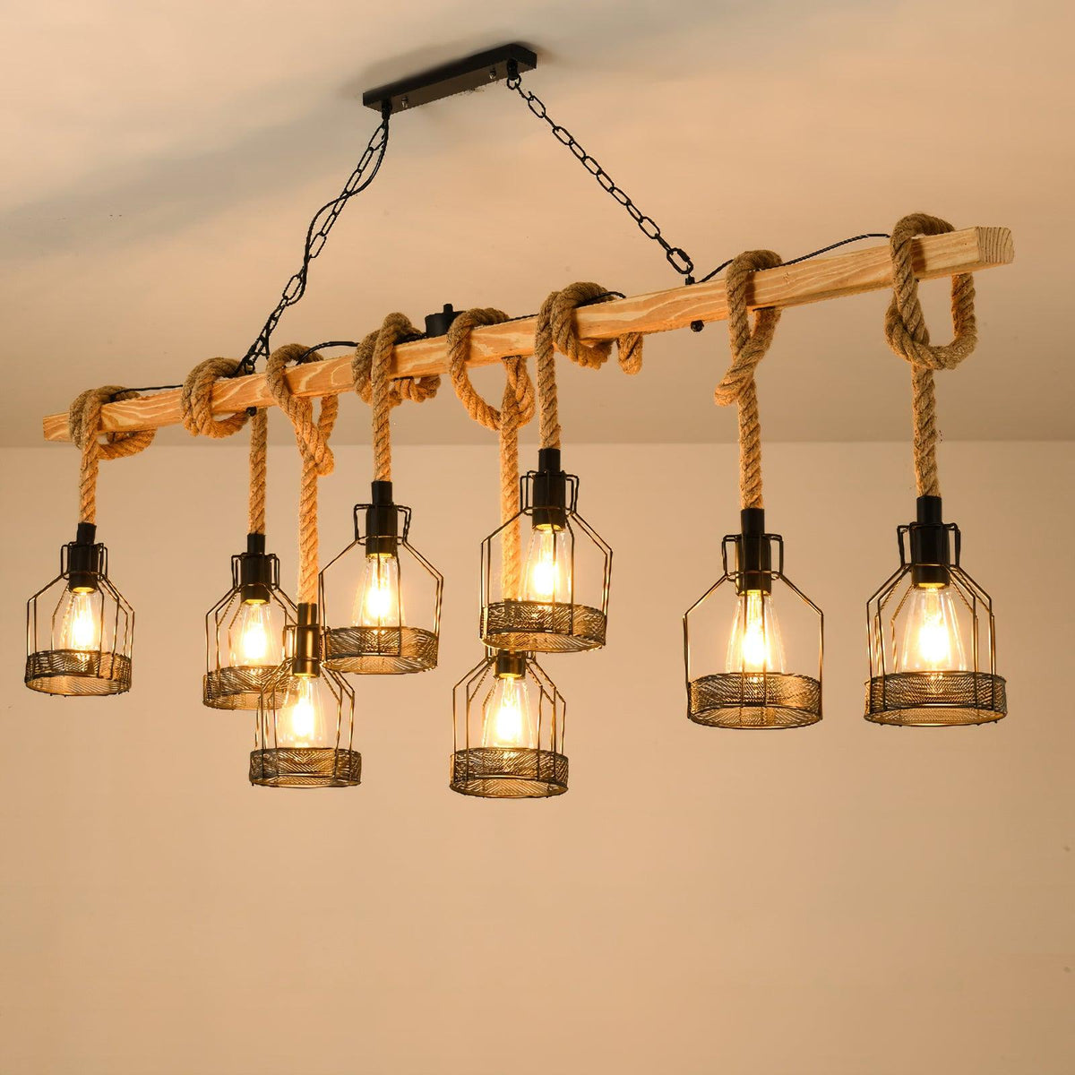 Pendant Light | Industrial Grenade Design Hemp Rope & Metal | Adjustable Height