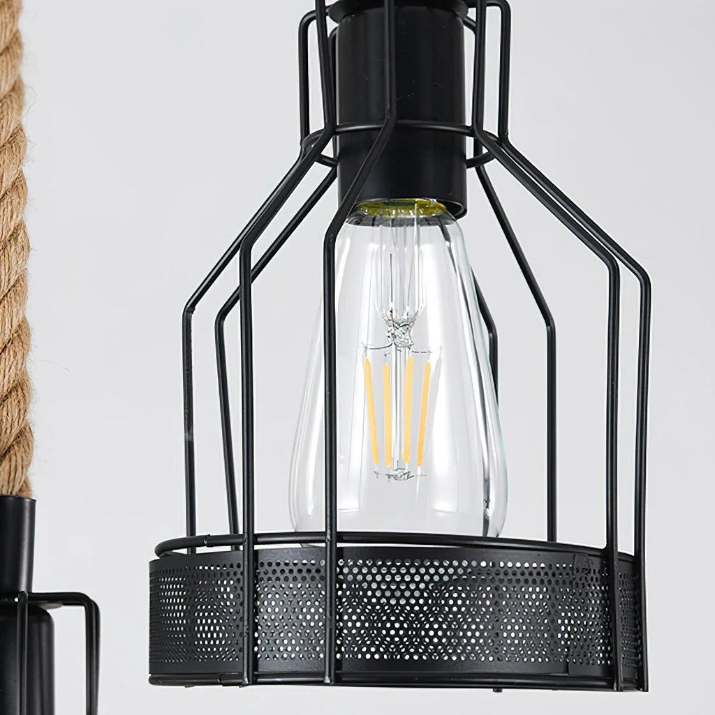 Pendant Light | Industrial Grenade Design Hemp Rope & Metal | Adjustable Height