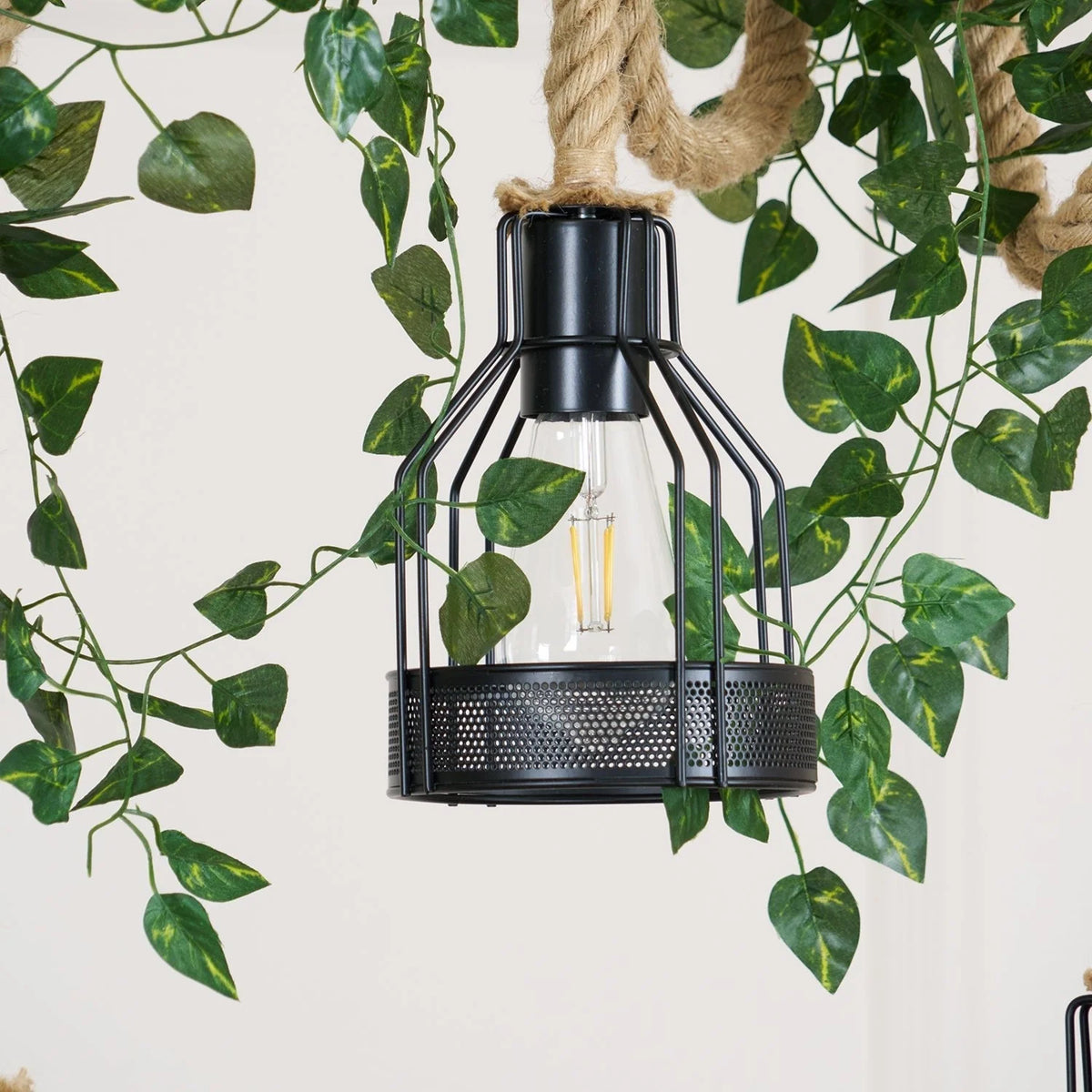 Pendant Light | Industrial Sustainable Hemp Rope & Metal Frame | 3/5/8 Bulb Options