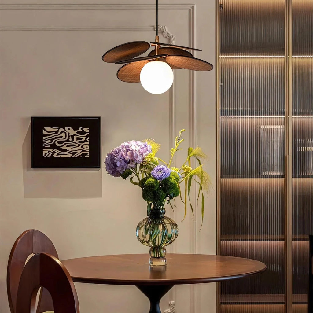 Pendant Light | Layered Wooden Petals & Glass Globe | Adjustable Cord