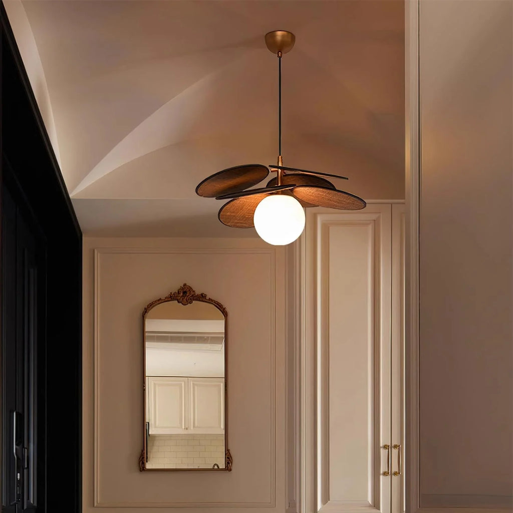 Pendant Light | Layered Wooden Petals & Glass Globe | Adjustable Cord