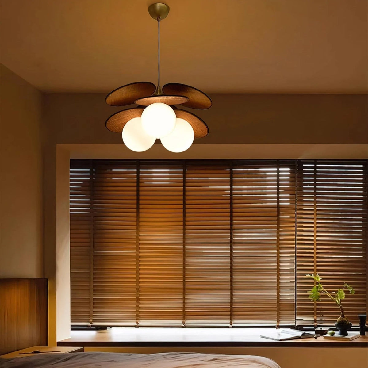 Pendant Light | Layered Wooden Petals & Glass Globe | Adjustable Cord