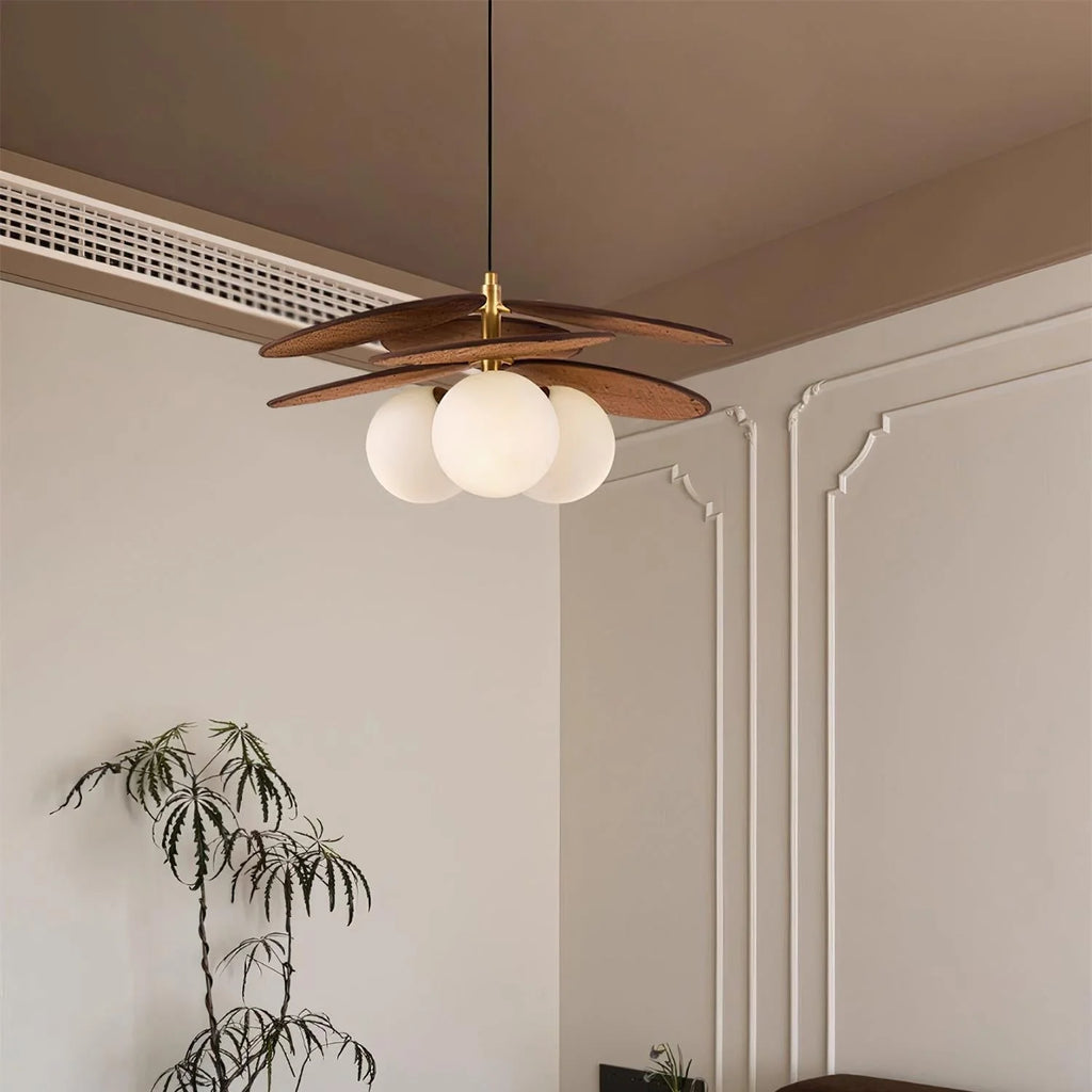 Pendant Light | Layered Wooden Petals & Glass Globe
