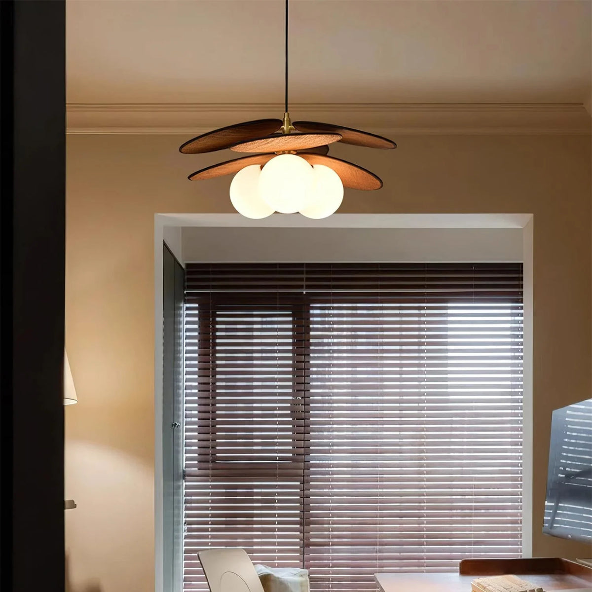 Pendant Light | Layered Wooden Petals & Glass Globe