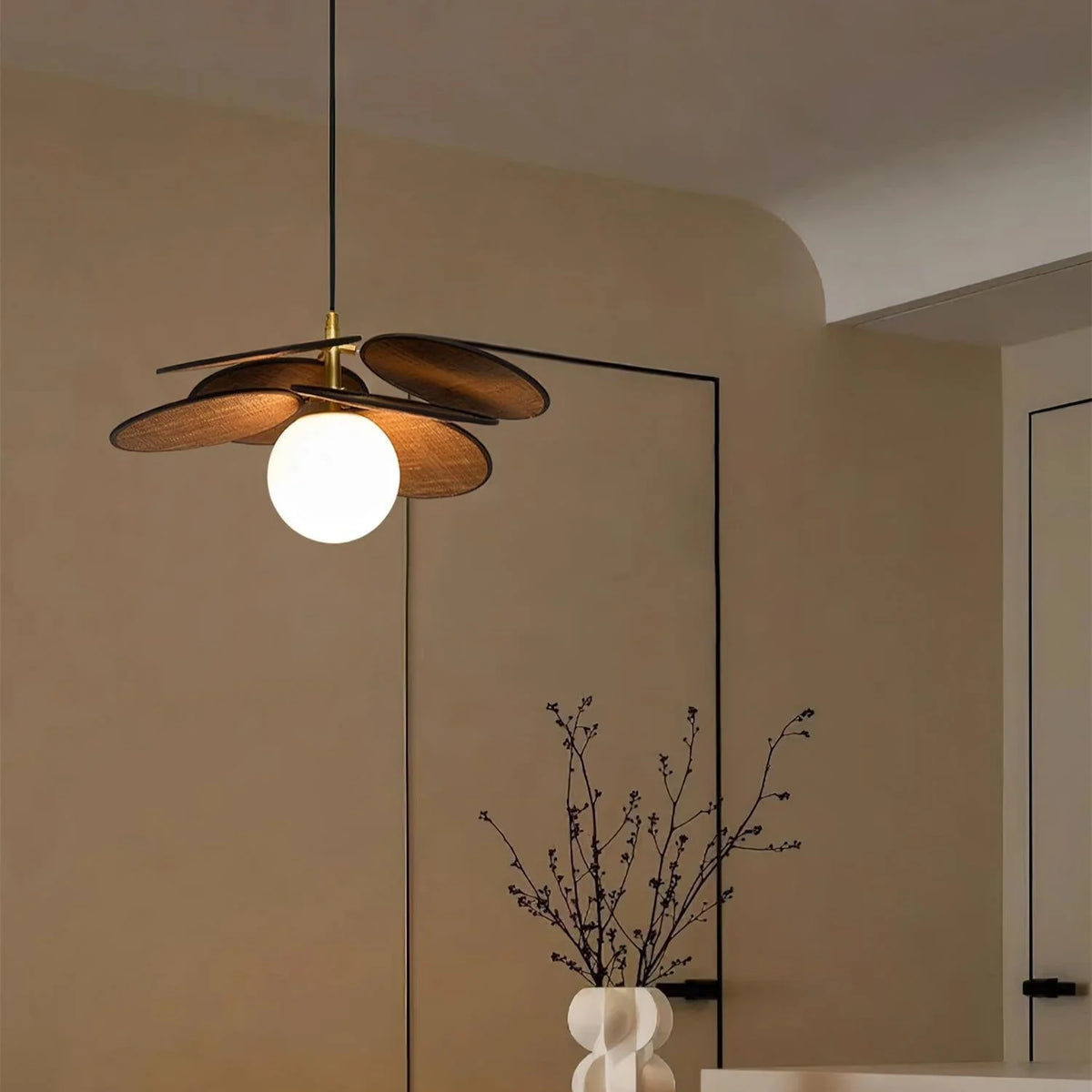 Pendant Light | Layered Wooden Petals & Glass Globe