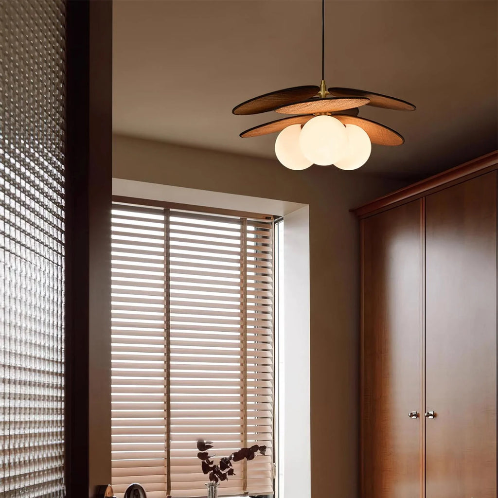 Pendant Light | Layered Wooden Petals & Glass Globe
