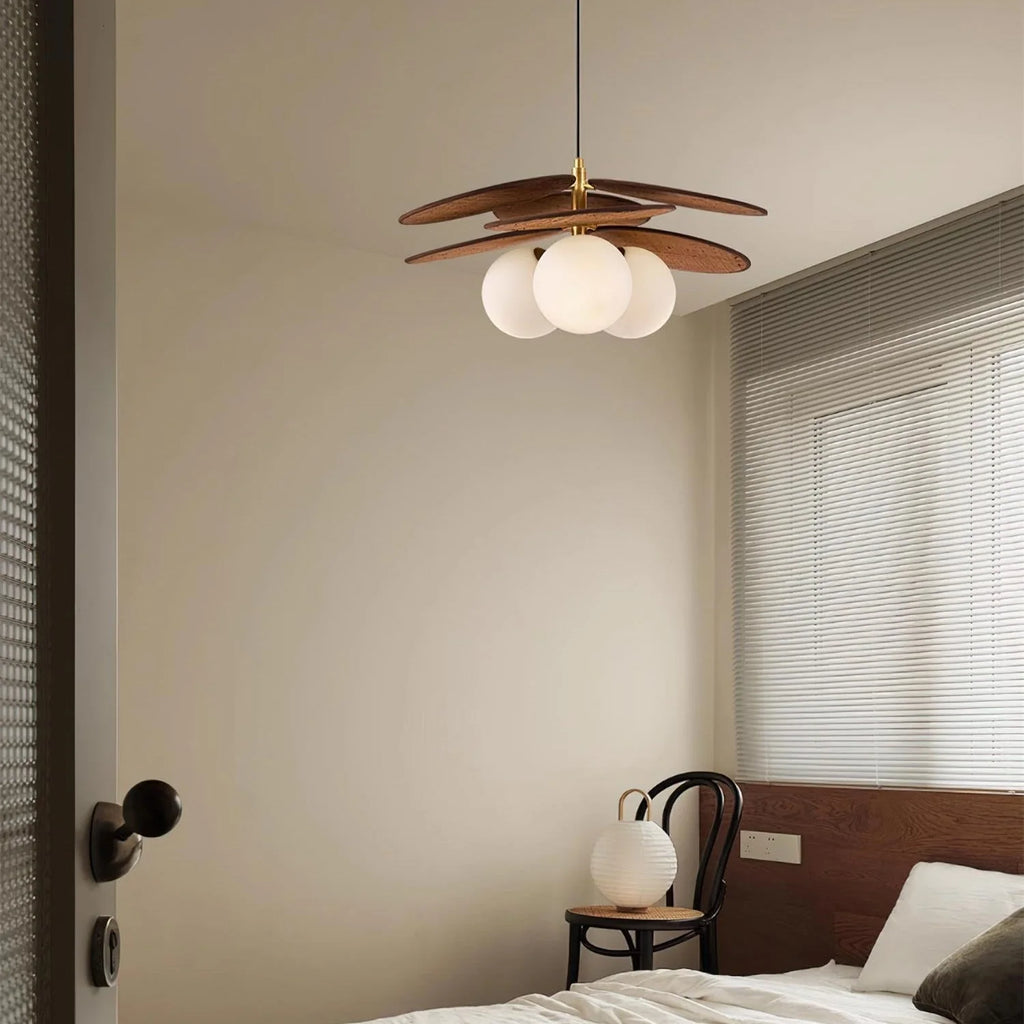 Pendant Light | Layered Wooden Petals & Glass Globe