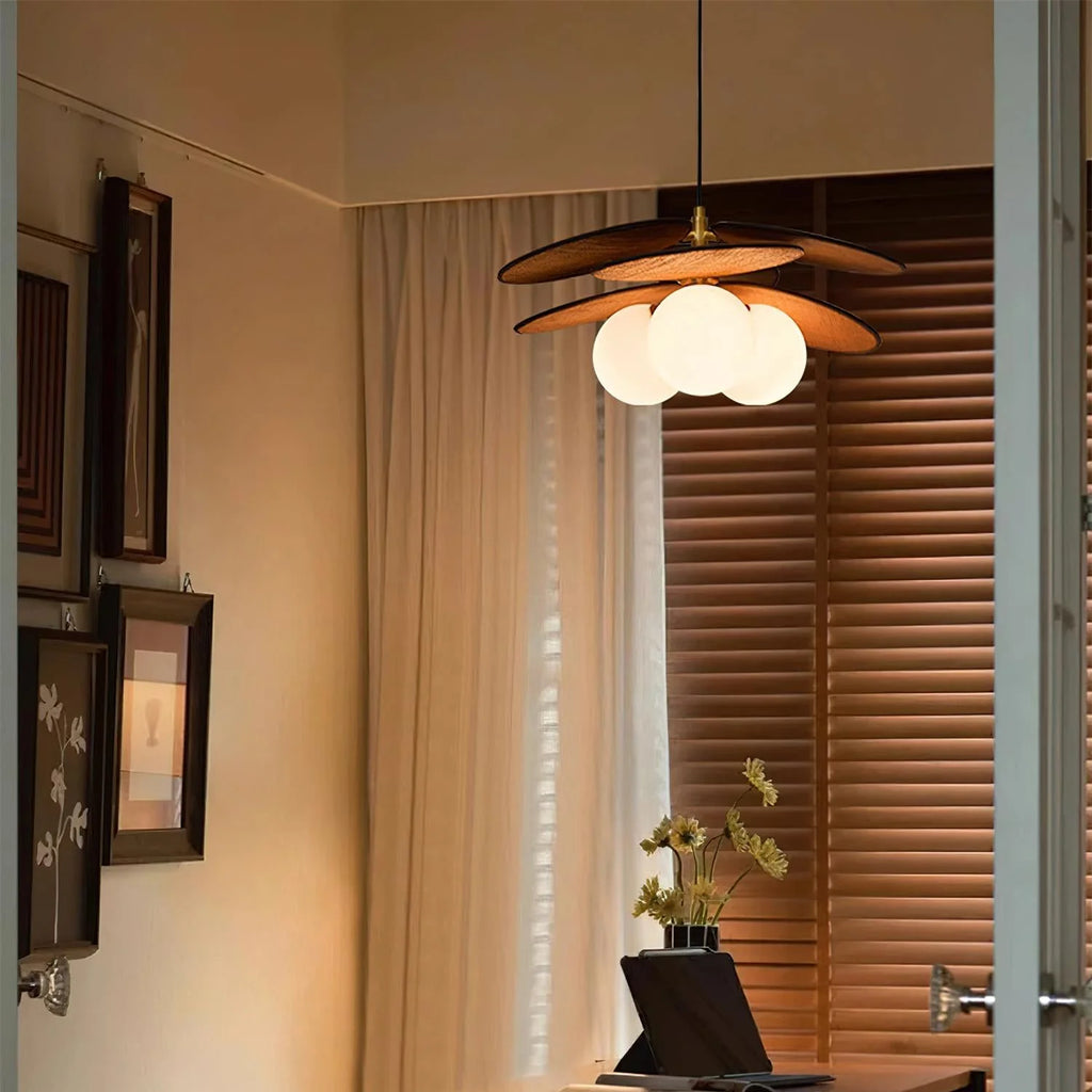 Pendant Light | Layered Wooden Petals & Glass Globe