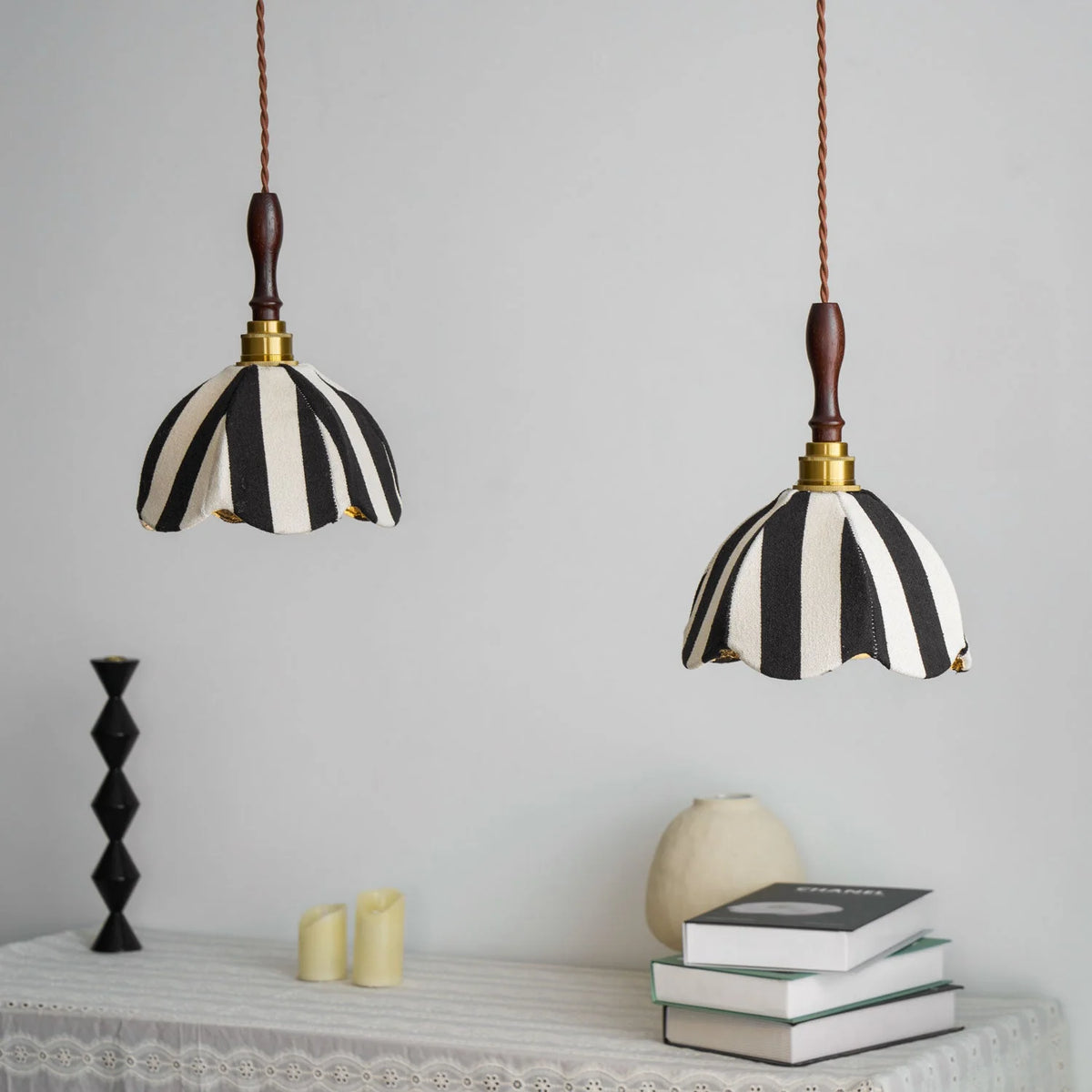 Pendant Light | Marble-Stripe Fabric & Metal | Adjustable Cable