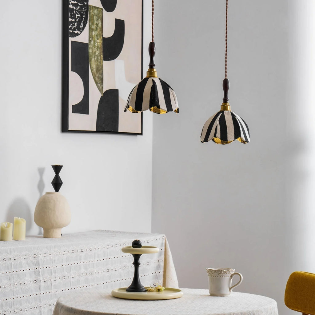 Pendant Light | Marble-Stripe Fabric & Metal | Adjustable Cable