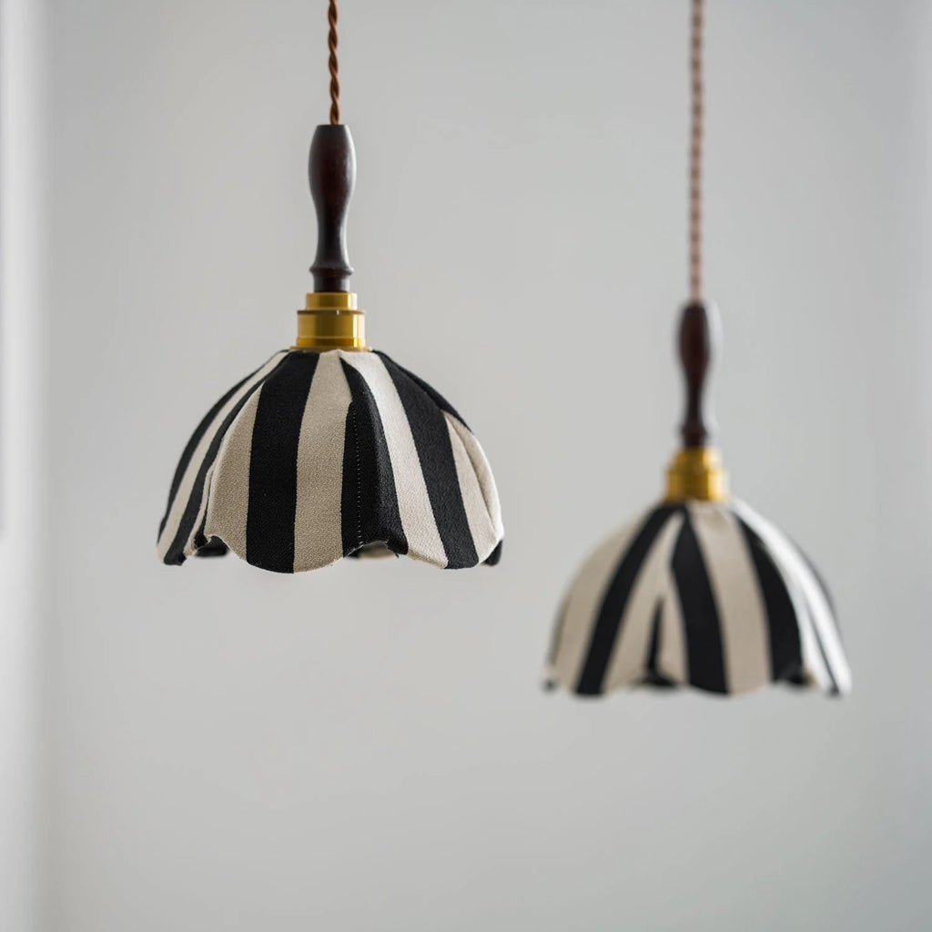 Pendant Light | Marble-Stripe Fabric & Metal | Adjustable Cable