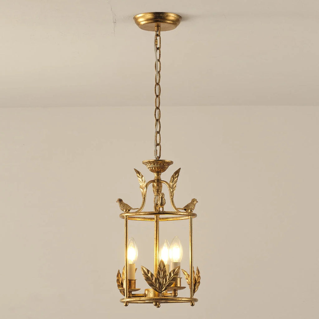 Pendant Light | Metal Lantern Bird & Leaf Detailing | 3-Head D20 x H40 cm