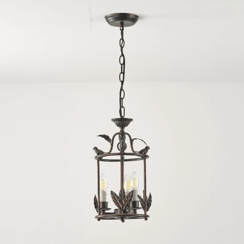 Pendant Light | Metal Lantern Bird & Leaf Detailing | 3-Head D20 x H40 cm