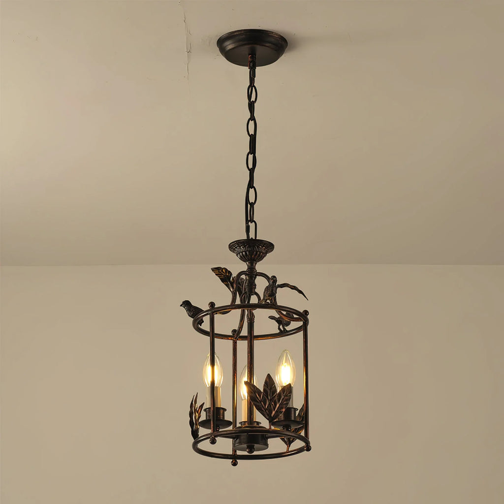 Pendant Light | Metal Lantern Bird & Leaf Detailing | 3-Head D20 x H40 cm