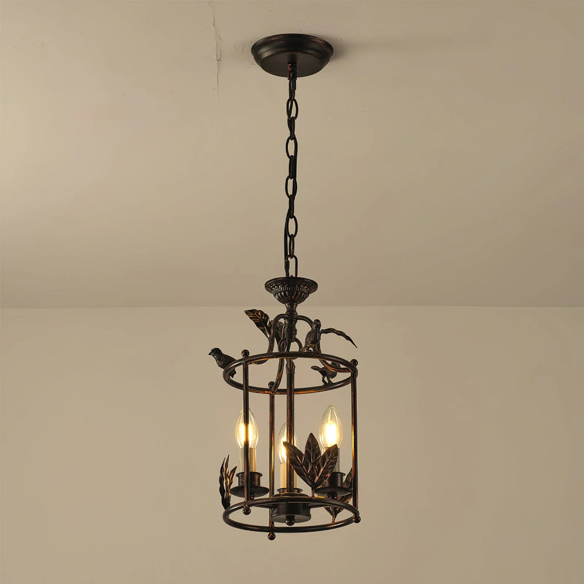 Pendant Light | Metal Lantern Bird & Leaf Detailing | 3-Head D20 x H40 cm