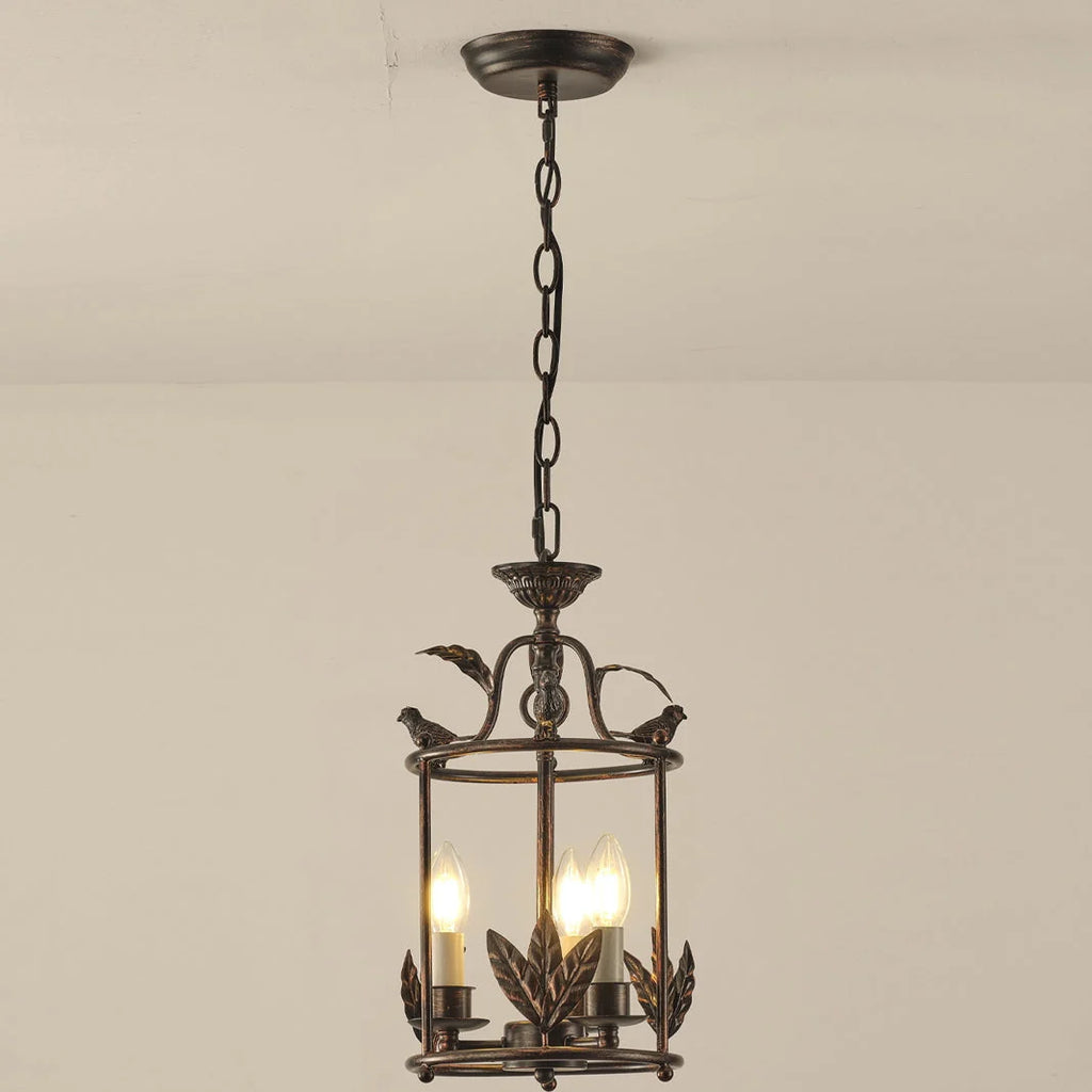 Pendant Light | Metal Lantern Bird & Leaf Detailing | 3-Head D20 x H40 cm