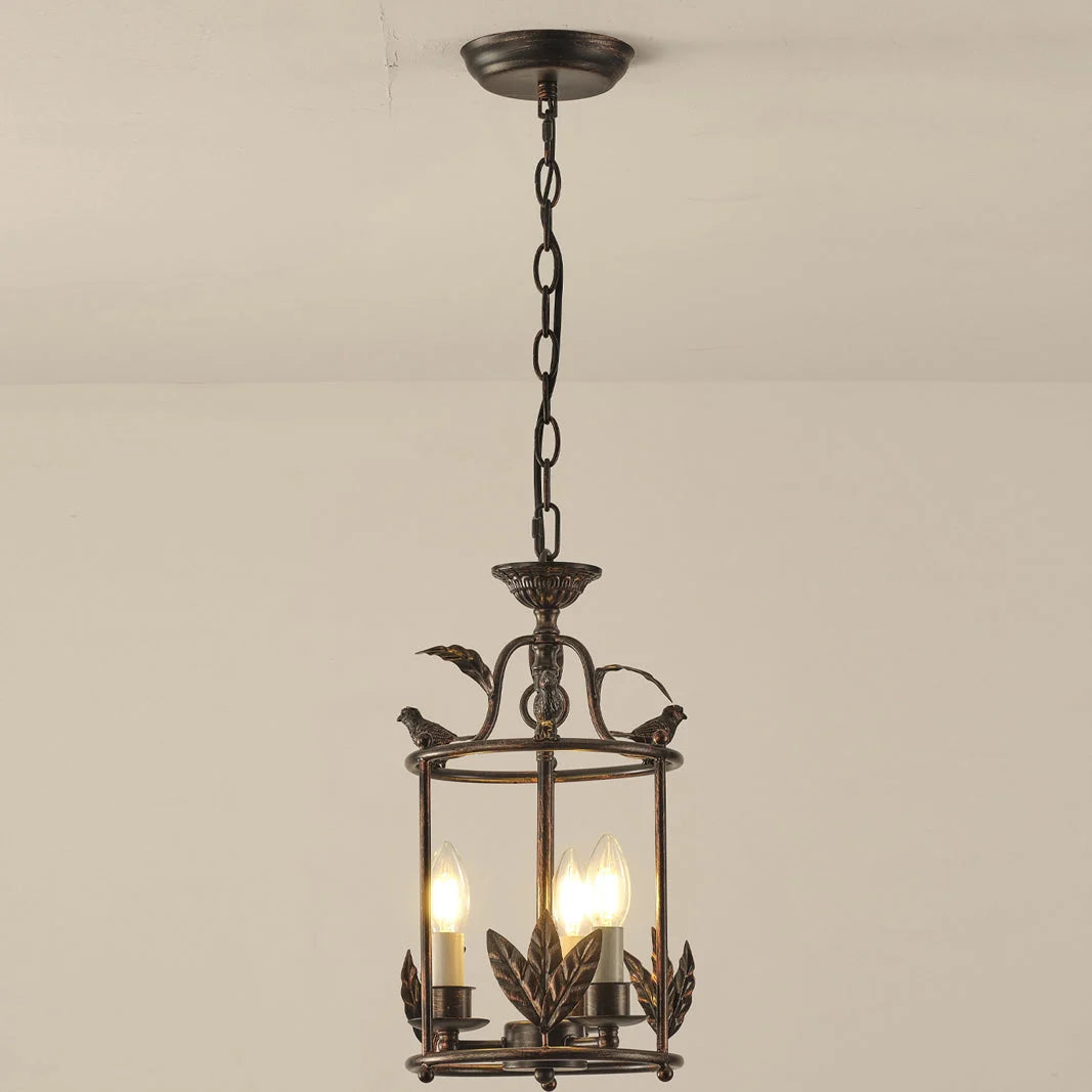 Pendant Light | Metal Lantern Bird & Leaf Detailing | 3-Head D20 x H40 cm