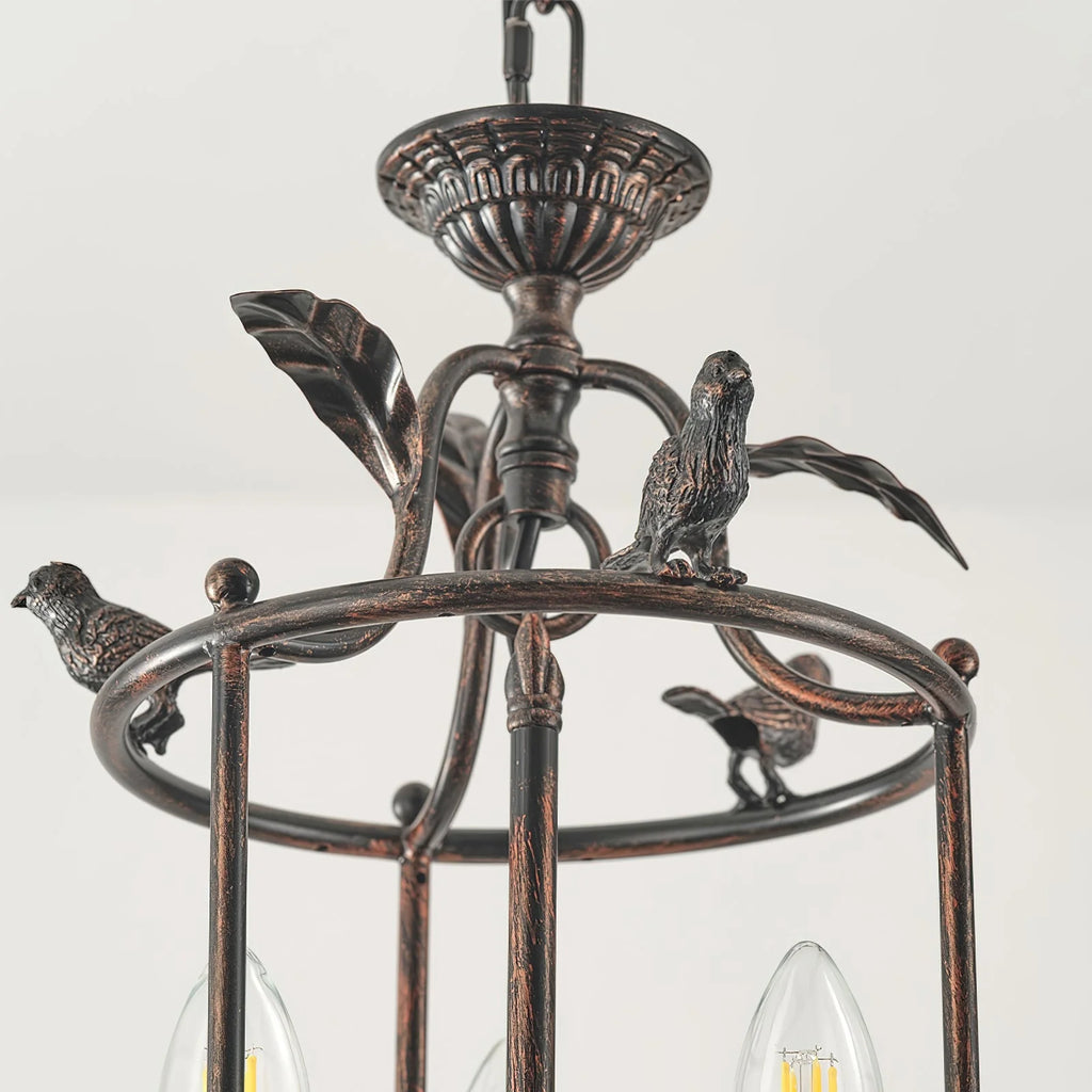 Pendant Light | Metal Lantern Bird & Leaf Detailing | 3-Head D20 x H40 cm