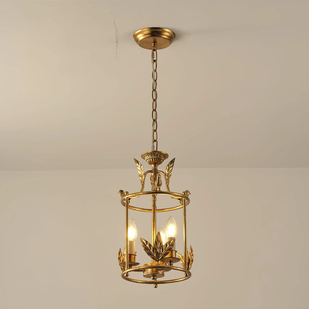 Pendant Light | Metal Lantern Bird & Leaf Detailing | 3-Head D20 x H40 cm