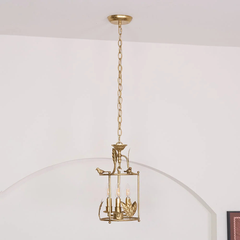 Pendant Light | Metal Lantern Bird & Leaf Detailing | 3-Head D20 x H40 cm