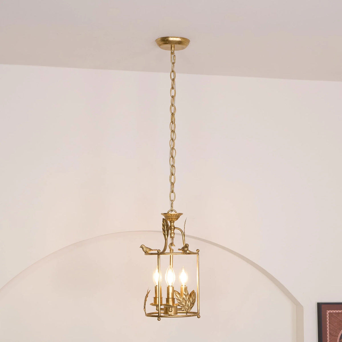 Pendant Light | Metal Lantern Bird & Leaf Detailing | 3-Head D20 x H40 cm