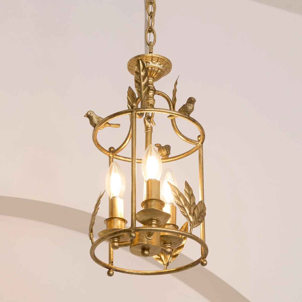 Pendant Light | Metal Lantern Bird & Leaf Detailing | 3-Head D20 x H40 cm