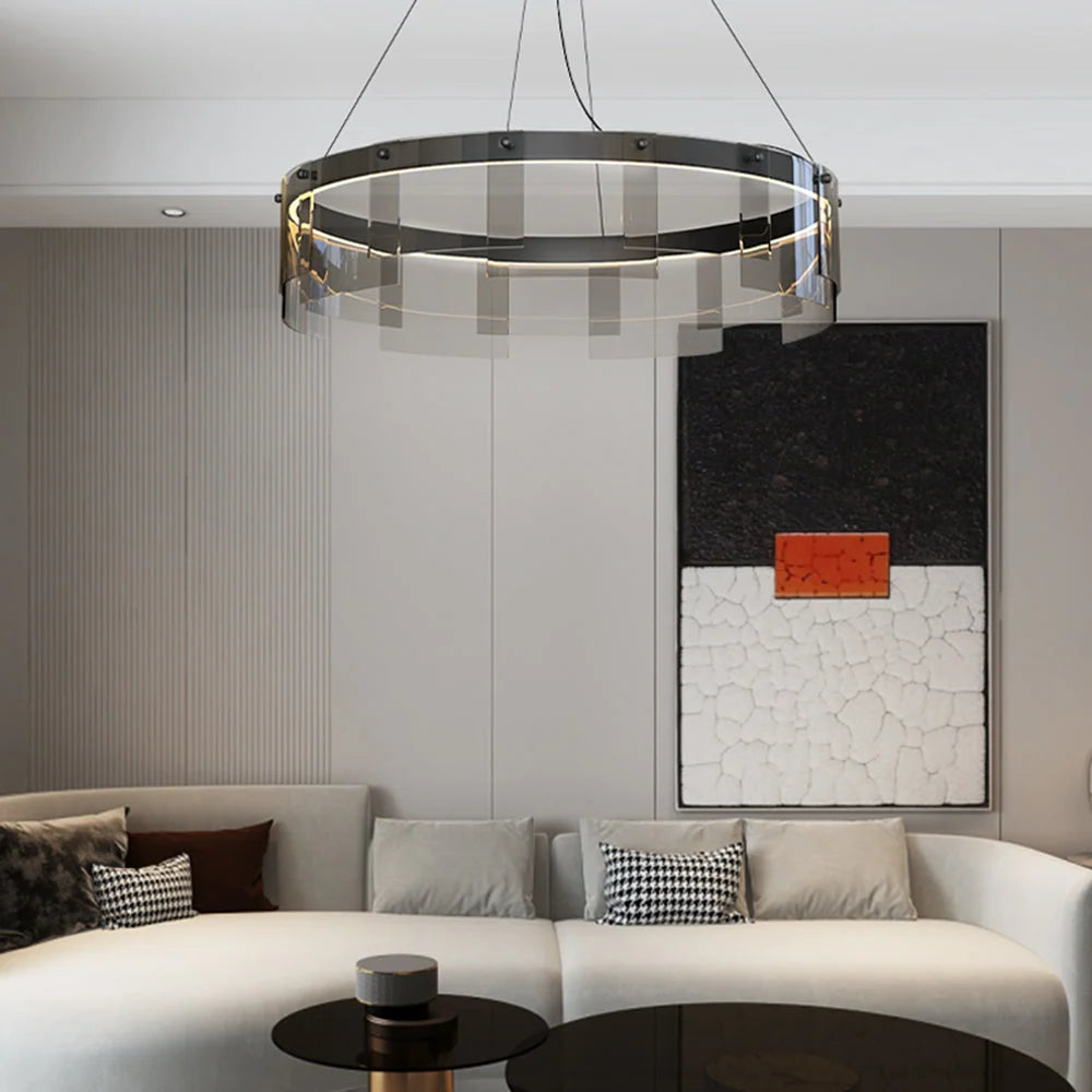 Pendant Light | Modern Ring Black Metal & Glass | LED Included