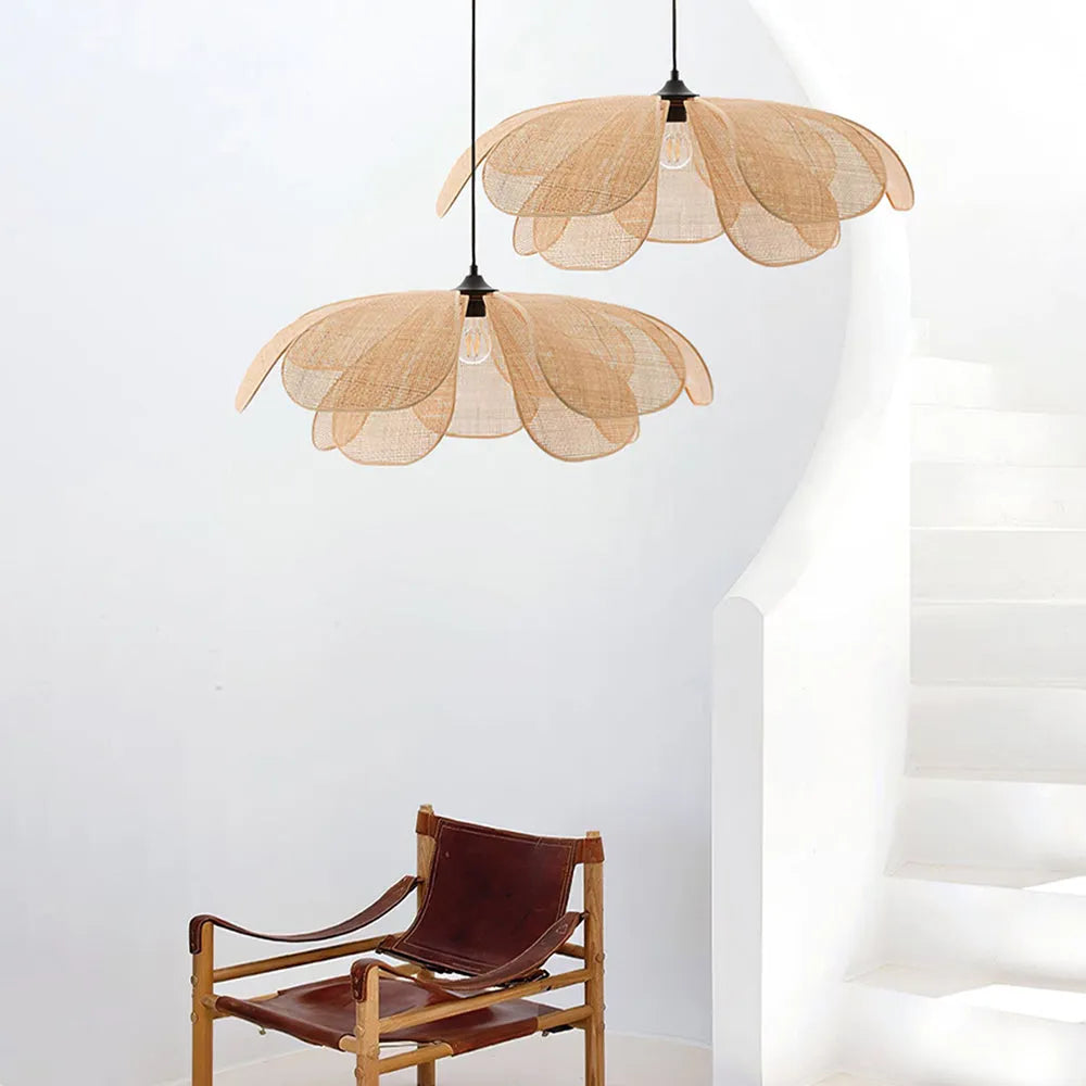 Pendant Light | Petal Rattan Shade & Metal Frame | Bulb Included