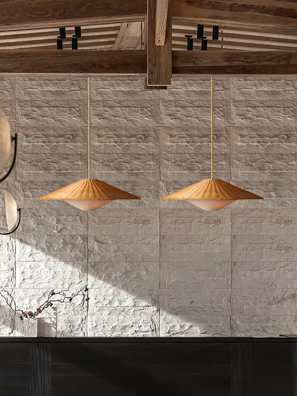 Pendant Light | Rattan Hat Shade & Gold Frame | Adjustable 50 cm Rod