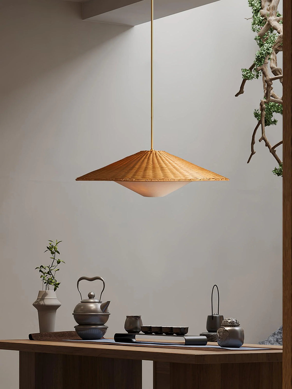 Pendant Light | Rattan Hat Shade & Gold Frame | Adjustable 50 cm Rod