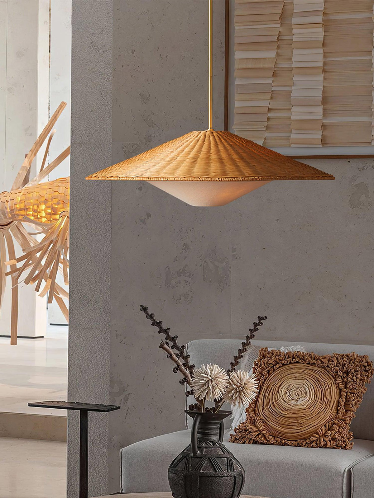 Pendant Light | Rattan Hat Shade & Gold Frame | Adjustable 50 cm Rod