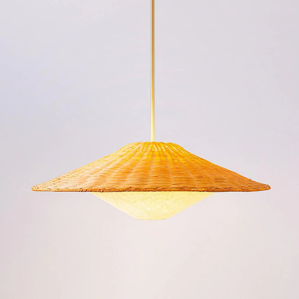 Pendant Light | Rattan Hat Shade & Gold Frame | Adjustable 50 cm Rod