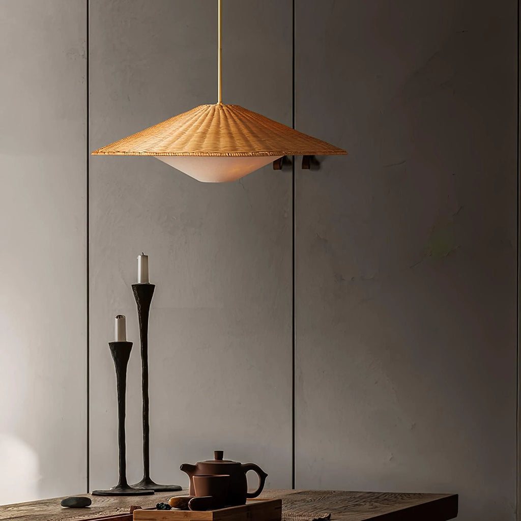 Pendant Light | Rattan Hat Shade & Gold Frame | Adjustable 50 cm Rod