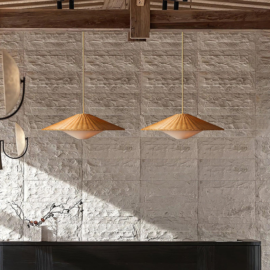Pendant Light | Rattan Hat Shade & Gold Frame | Adjustable 50 cm Rod