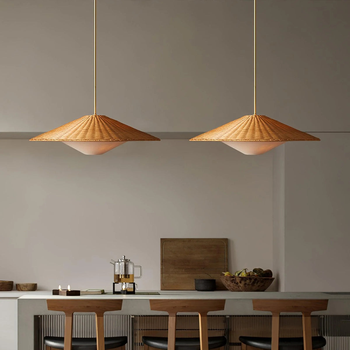 Pendant Light | Rattan Hat Shade & Gold Frame | Adjustable 50 cm Rod