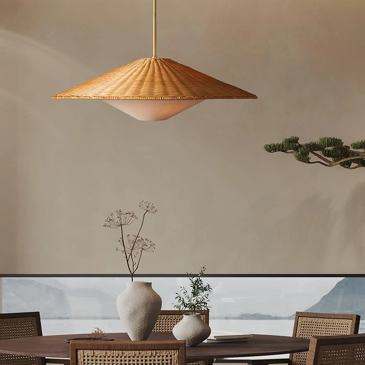 Pendant Light | Rattan Hat Shade & Gold Frame | Adjustable 50 cm Rod