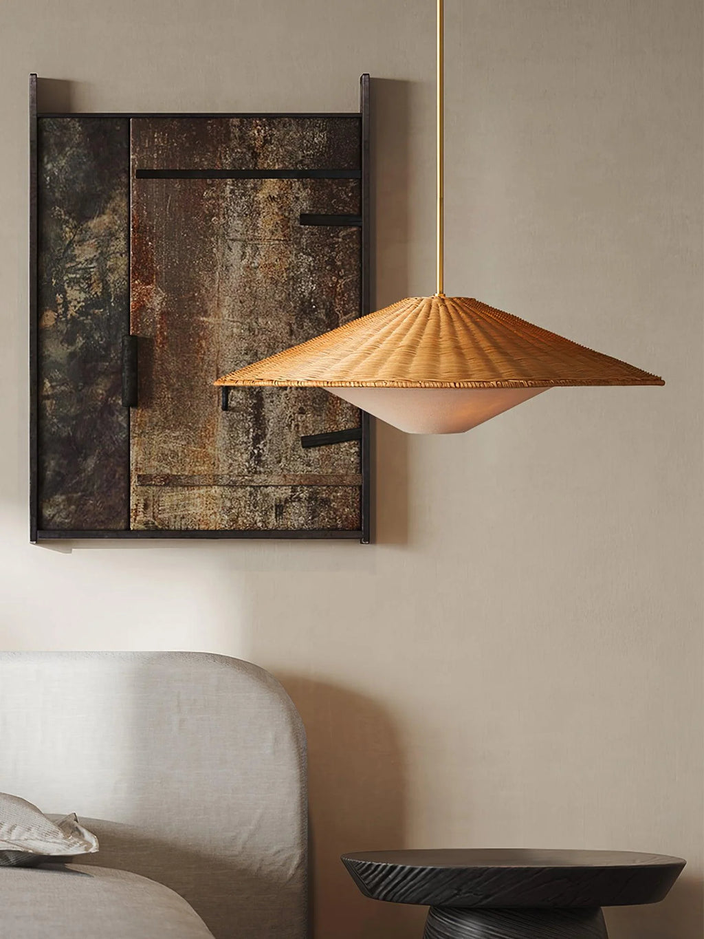 Pendant Light | Rattan Hat Shade & Gold Frame | Adjustable 50 cm Rod
