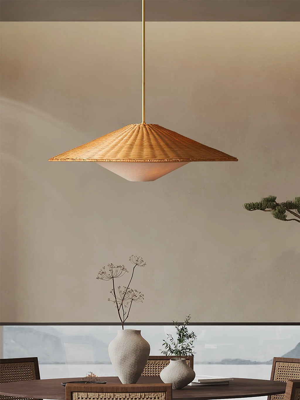 Pendant Light | Rattan Hat Shade & Gold Frame | Adjustable 50 cm Rod