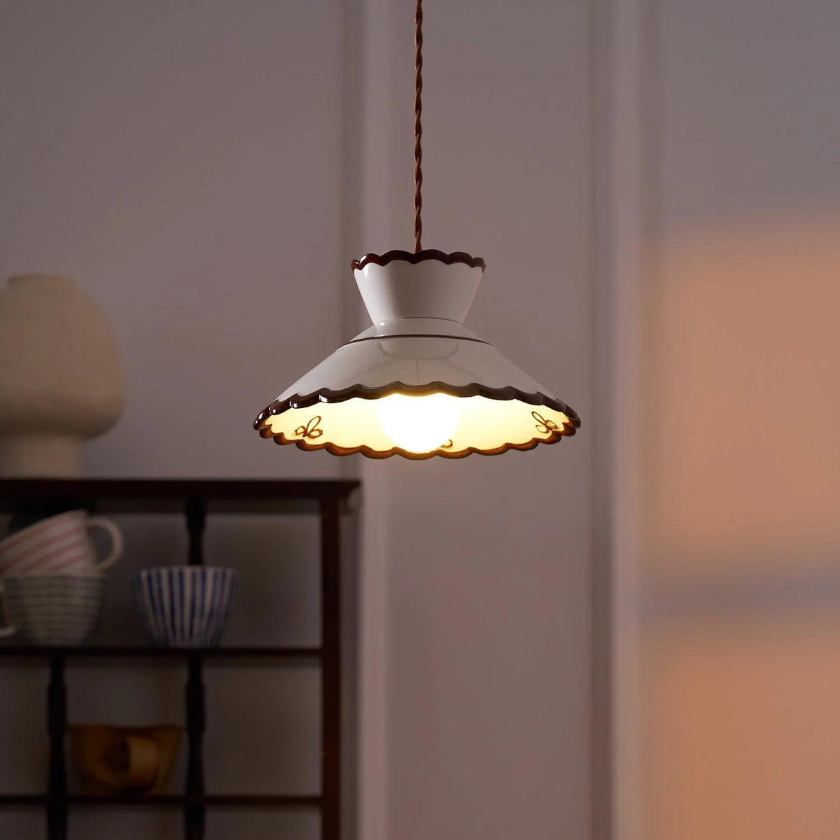 Pendant Light | Scalloped Ceramic Shade & Metal Fixture | Adjustable Cord
