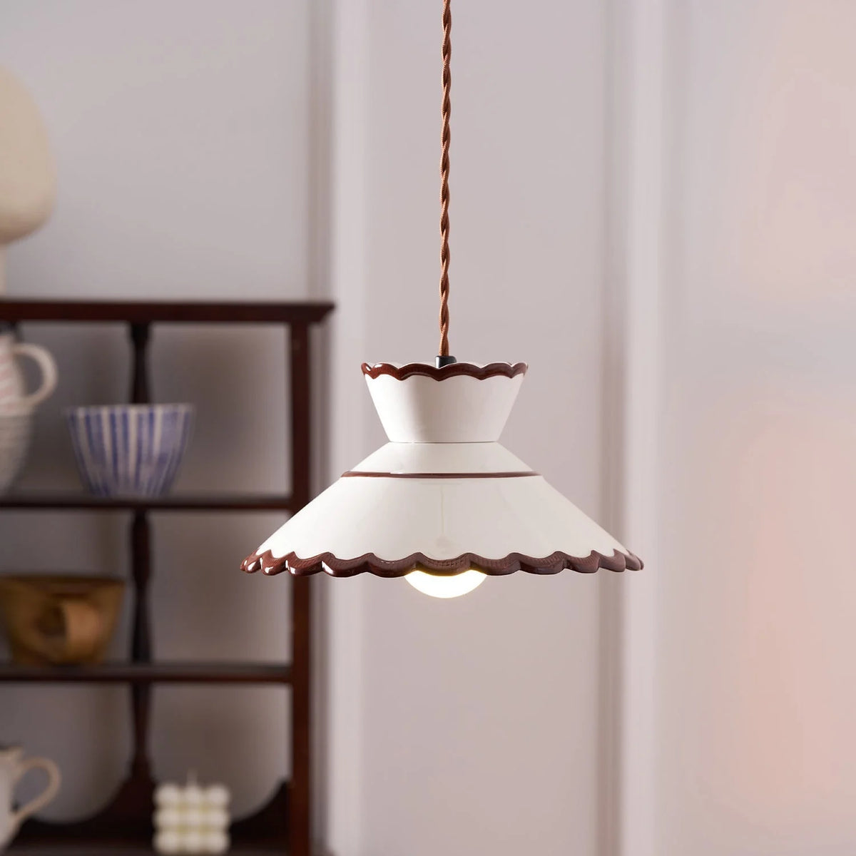 Pendant Light | Scalloped Ceramic Shade & Metal Fixture | Adjustable Cord