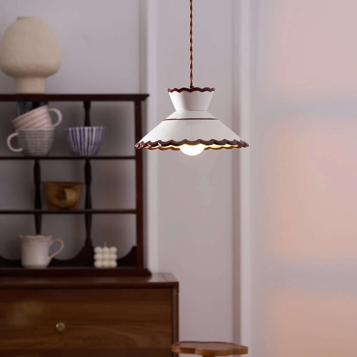Pendant Light | Scalloped Ceramic Shade & Metal Fixture | Adjustable Cord