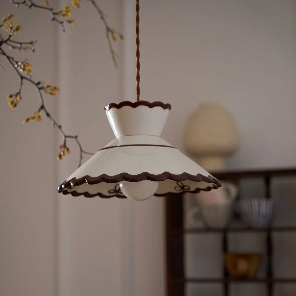 Pendant Light | Scalloped Ceramic Shade & Metal Fixture | Adjustable Cord