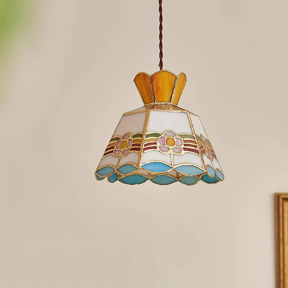 Pendant Light | Stained Glass Floral & Metal Frame